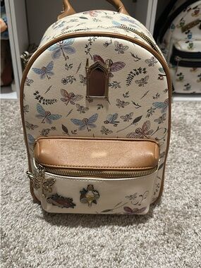 Cream Butterfly Print Mini Backpack with Tan Trim by